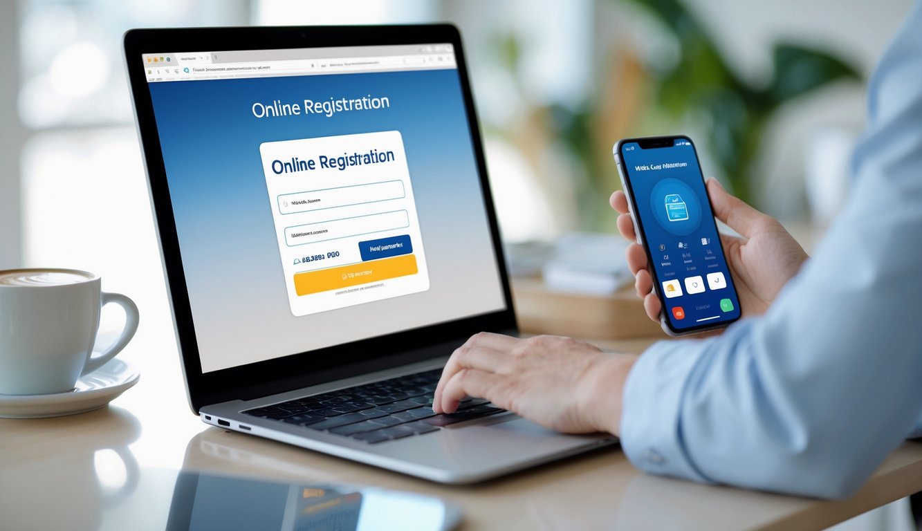 Seseorang sedang mengetik di laptop dengan ponsel di meja, menggambarkan proses pendaftaran dan deposit online yang mudah dan cepat.