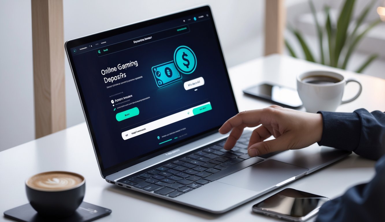 Seseorang menggunakan laptop di meja kerja dengan layar yang menampilkan situs permainan online, suasana rapi dan terang dengan cangkir kopi dan aksesori teknologi di sekitar.