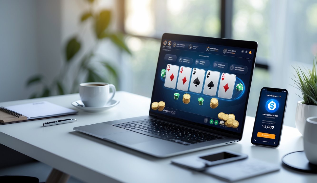 Seorang pengguna sedang bermain permainan kartu online di laptop dengan ponsel di samping yang menampilkan konfirmasi deposit aman.