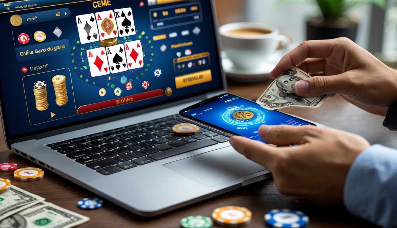 Seseorang menggunakan laptop dan ponsel untuk bermain dan melakukan deposit dalam permainan kartu Ceme online.