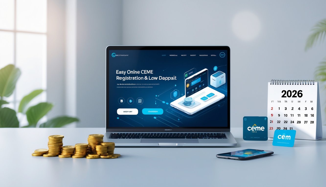 Seorang pria menggunakan laptop di meja kerja dengan tampilan platform permainan online dan beberapa koin serta ponsel di sampingnya.