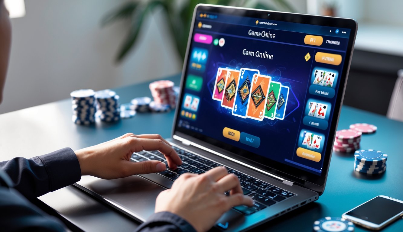 Seseorang bermain permainan kartu online di laptop di meja kerja yang rapi dengan chip poker dan ponsel di samping.