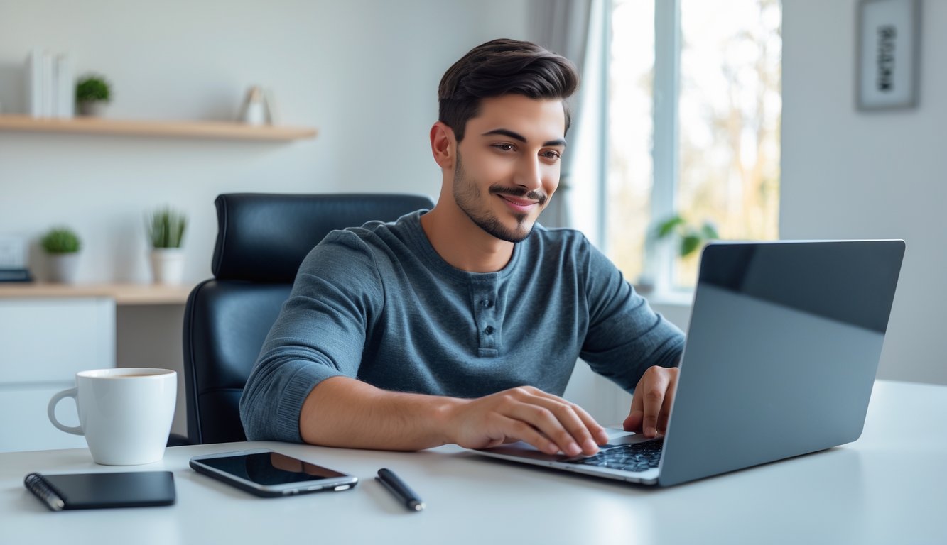 Seorang pria muda duduk di meja kerja dengan laptop, tampak fokus dan tersenyum saat mendaftar secara online di sebuah platform, di ruangan terang dan minimalis.