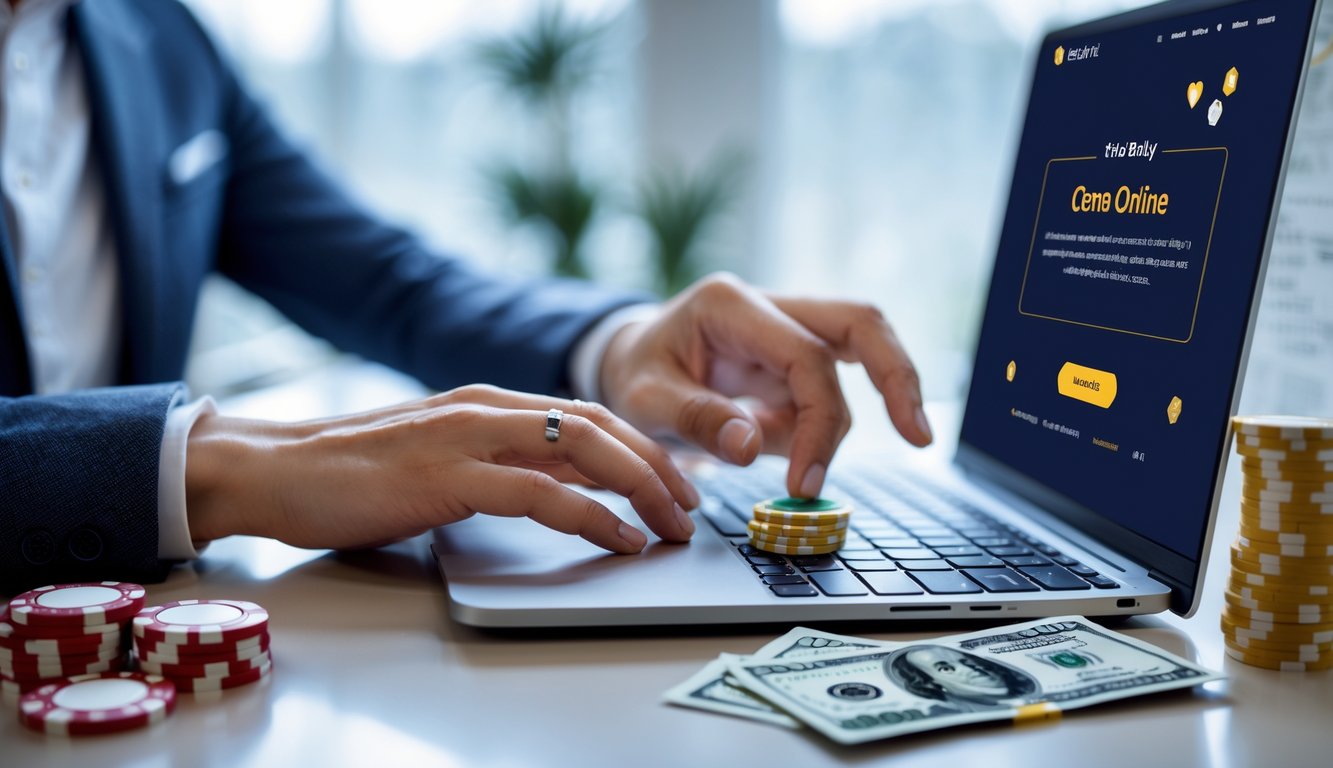 Seseorang menggunakan laptop di meja kerja yang rapi dengan chip poker dan uang di sampingnya, menunjukkan aktivitas pendaftaran cepat dan deposit murah untuk permainan Ceme online.