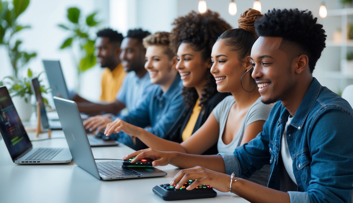 Sekelompok orang muda sedang bermain game online menggunakan laptop dan ponsel di ruang kantor yang terang dan modern.