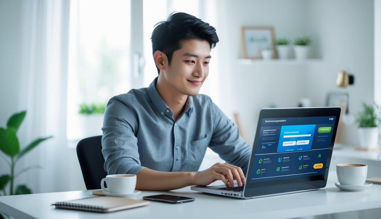 Seorang pria muda duduk di meja kerja dengan laptop, terlihat fokus dan percaya diri di ruang kantor rumah yang terang dan rapi.