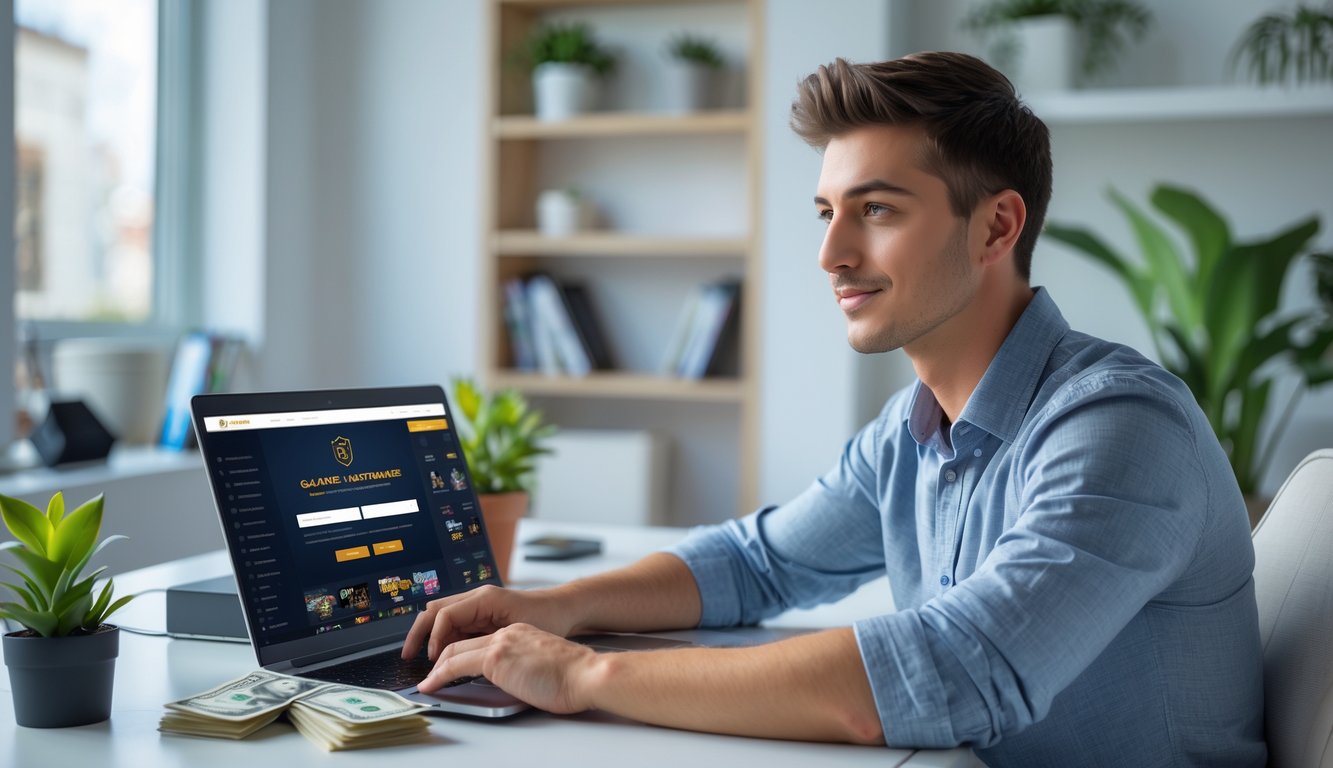 Seorang pria muda duduk di meja dengan laptop dan ponsel, fokus pada layar yang menampilkan situs permainan online, di ruangan berdekorasi dengan rak buku dan tanaman.