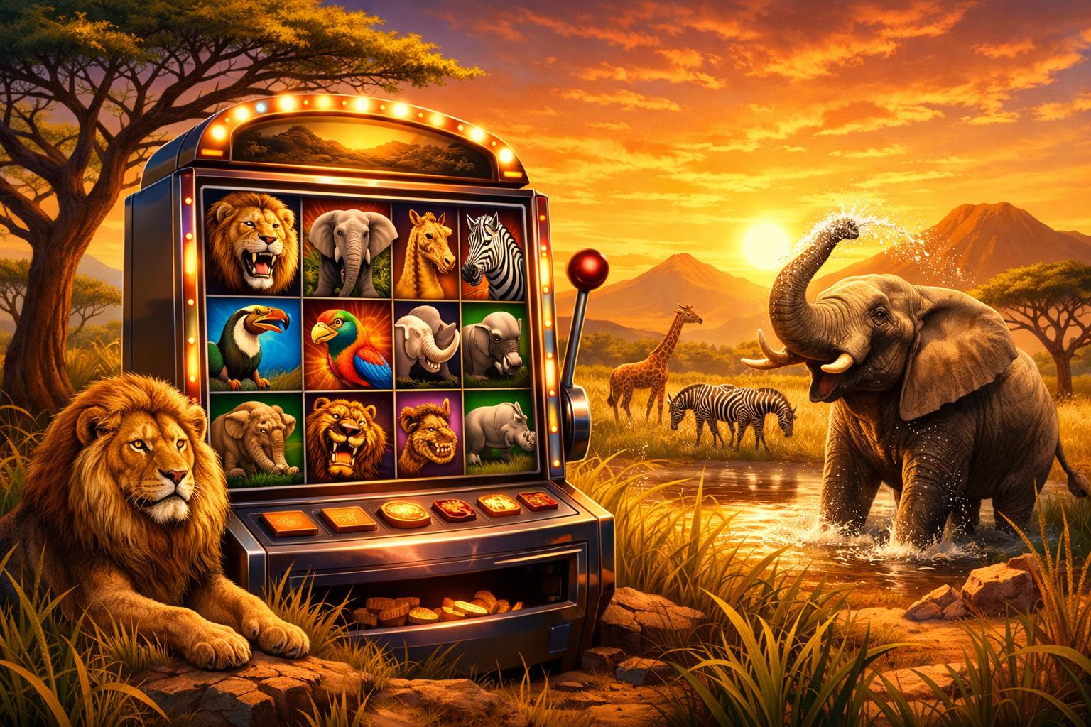 A Slot Machine Surrounded By African Savanna Wildlife Including Lions, Elephants, And Zebras Under A Golden Sunset.