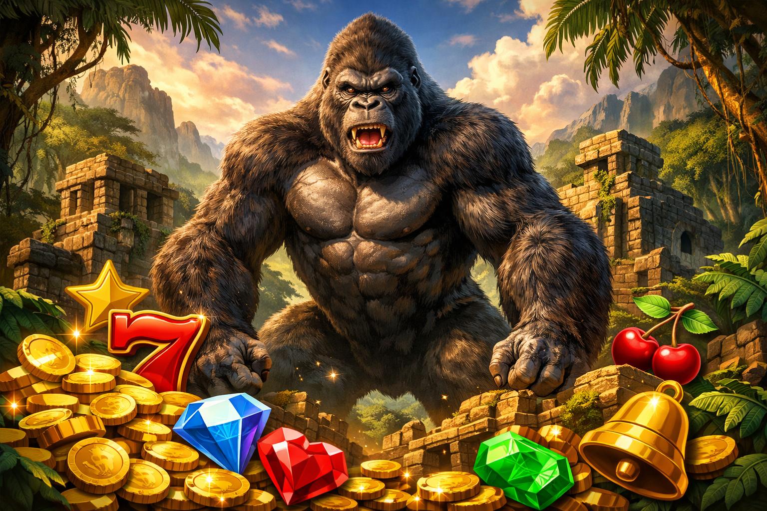 A Giant Gorilla Stands In A Dense Jungle Near Ancient Stone Ruins Surrounded By Gold Coins And Colorful Gemstones.