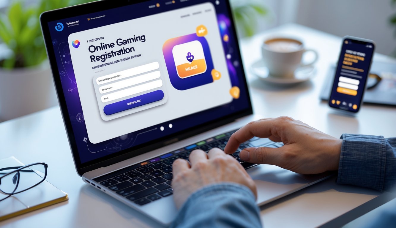 Sebuah meja kerja dengan laptop dan ponsel yang menampilkan formulir pendaftaran permainan kartu online, dengan tangan siap mengetik di keyboard.