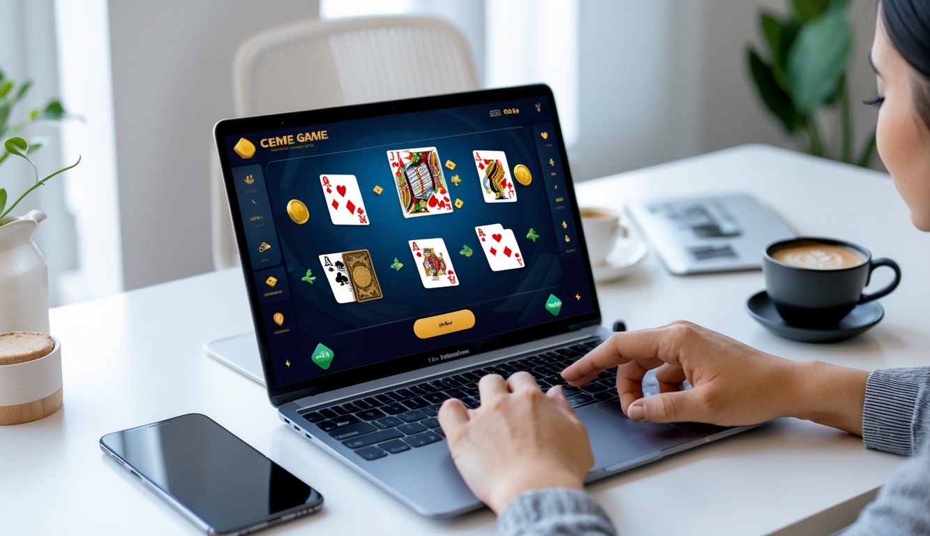 Seseorang menggunakan laptop di meja kerja dengan tampilan permainan kartu online di layar.