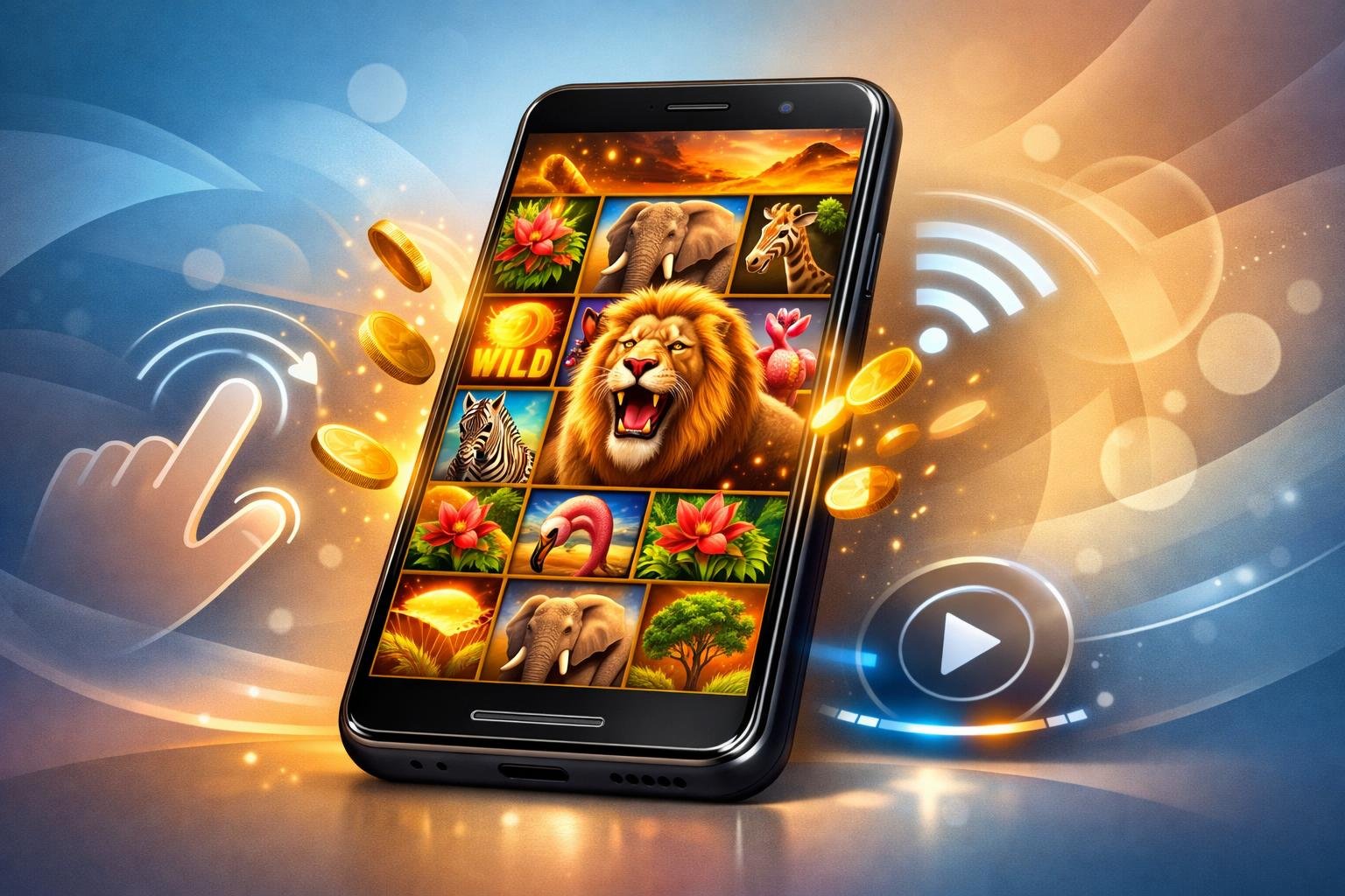 A Smartphone Displaying A Colorful SafariThemed Slot Game With Animal Symbols And Mobile Interface Elements Around It.