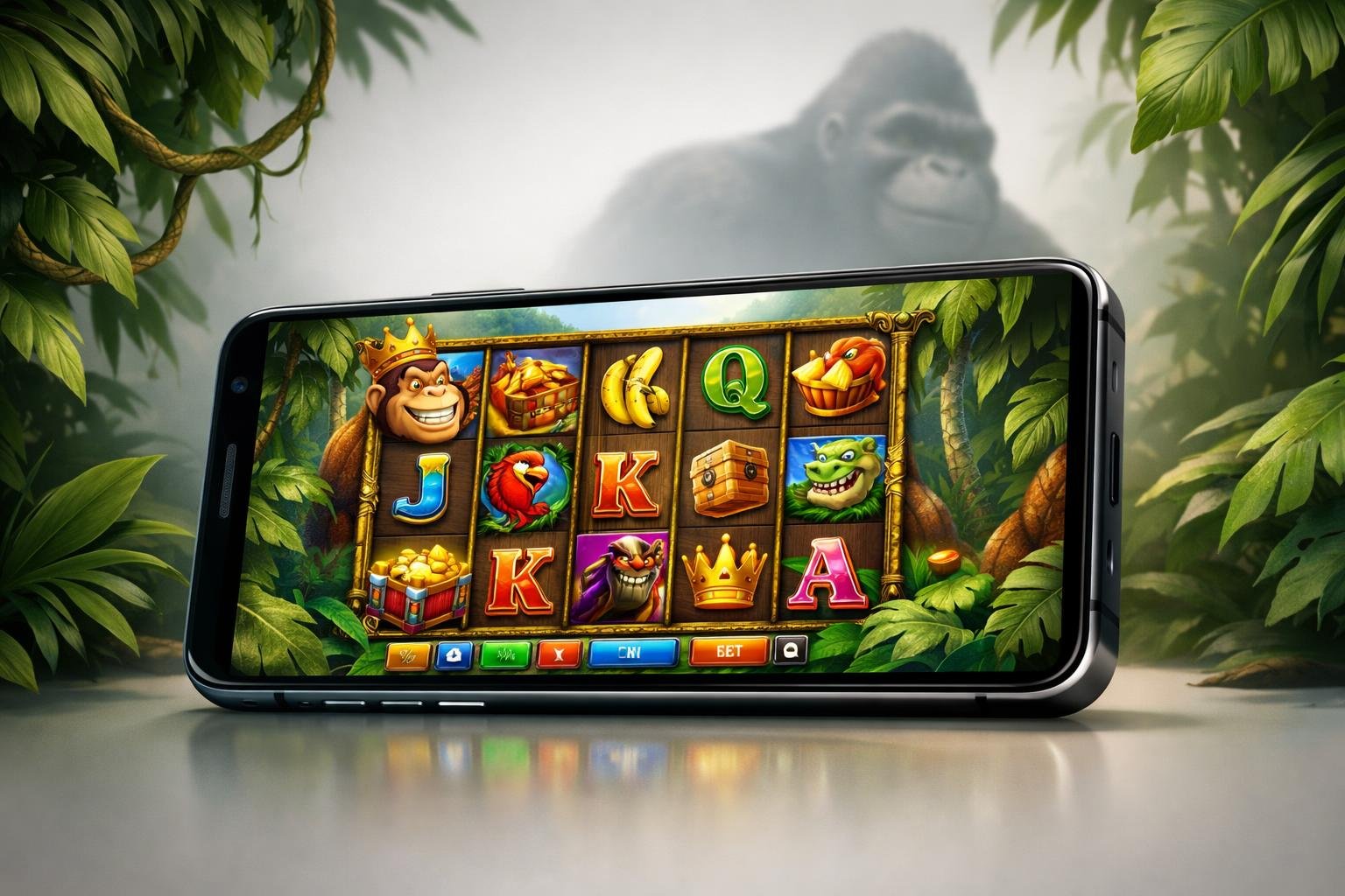 A Smartphone Displaying A JungleThemed Slot Game With Colorful Reels And Gorilla Symbols, Surrounded By Tropical Leaves.