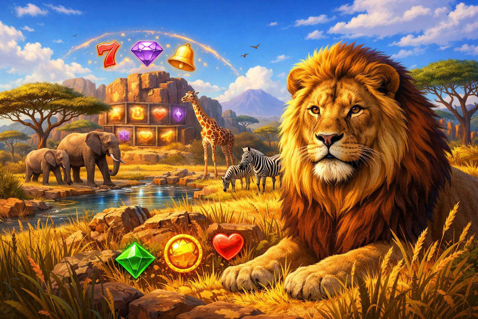 A Detailed African Safari Scene With A Lion, Elephants, Giraffes, And Zebras In A Grassy Landscape With Acacia Trees Under A Blue Sky.
