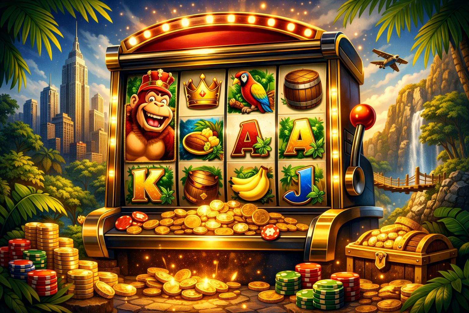 A Detailed Scene Showing A Casino Slot Machine With Images Of A Giant Gorilla, Jungle Plants, Gold Coins, And Casino Chips, Set Against A City Skyline Mixed With Jungle Elements.