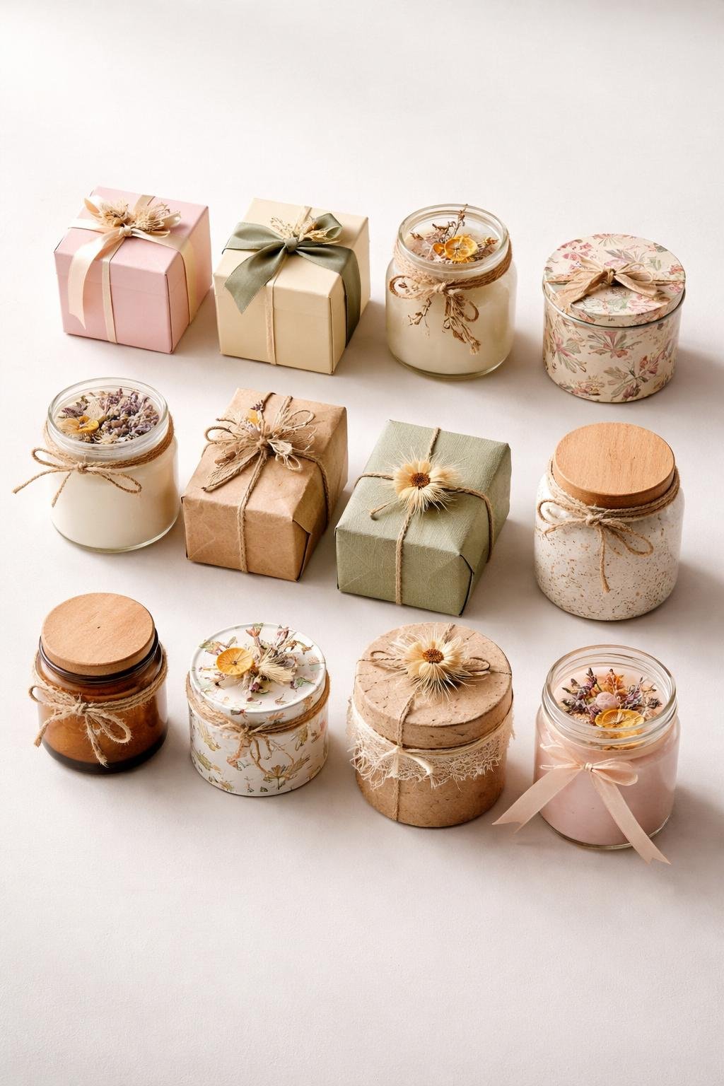 Twelve different cute candle packaging designs arranged on a neutral surface, featuring various colors, materials, and decorative elements.
