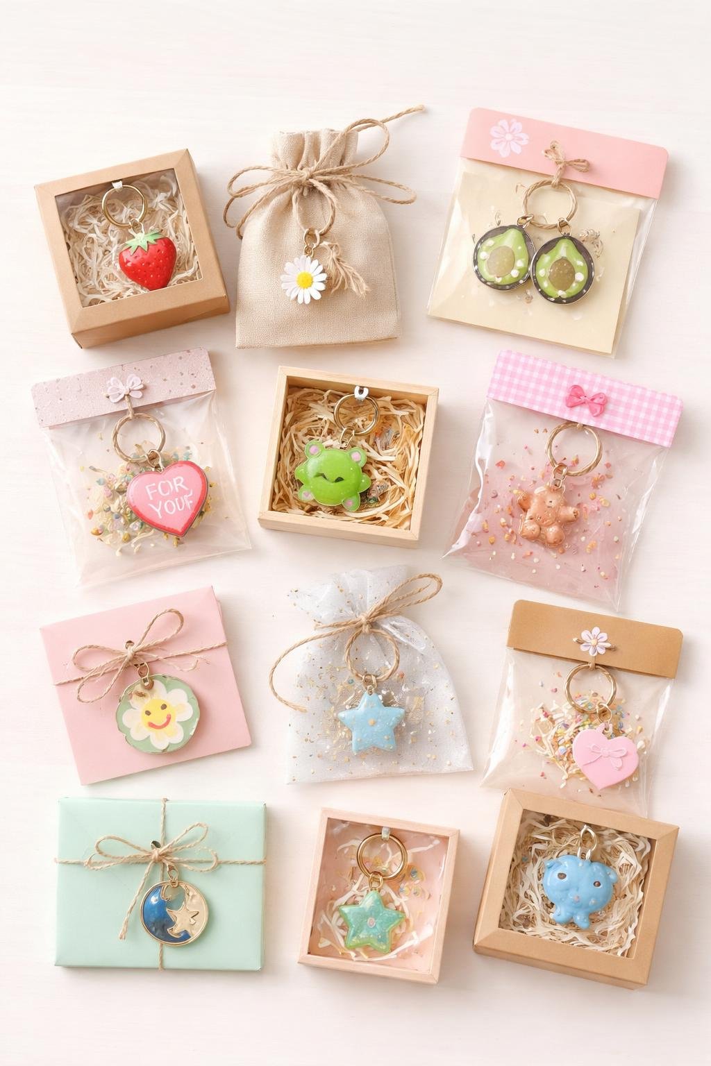 A collection of eleven different cute keychains displayed in various creative packaging styles on a light surface.
