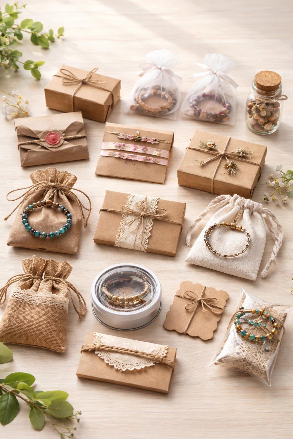 Twelve different handmade bracelet packaging ideas displayed on a wooden surface, including boxes, bags, envelopes, jars, and pouches, each containing bracelets.