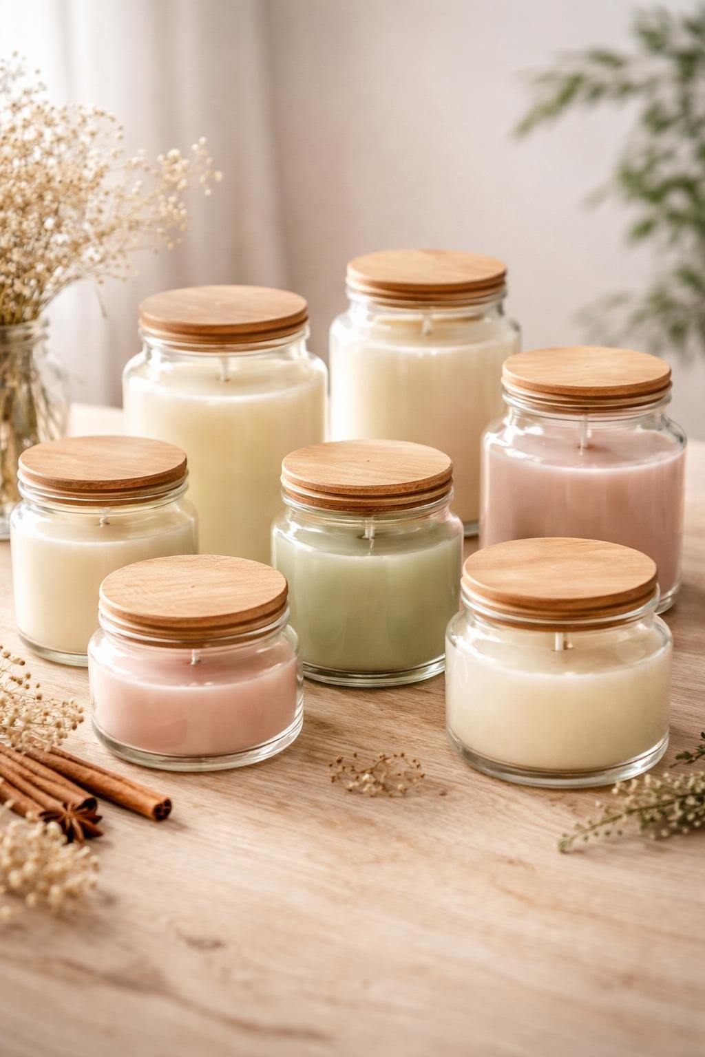 A collection of glass candle jars with wooden lids arranged on a wooden surface with dried flowers and greenery around them.