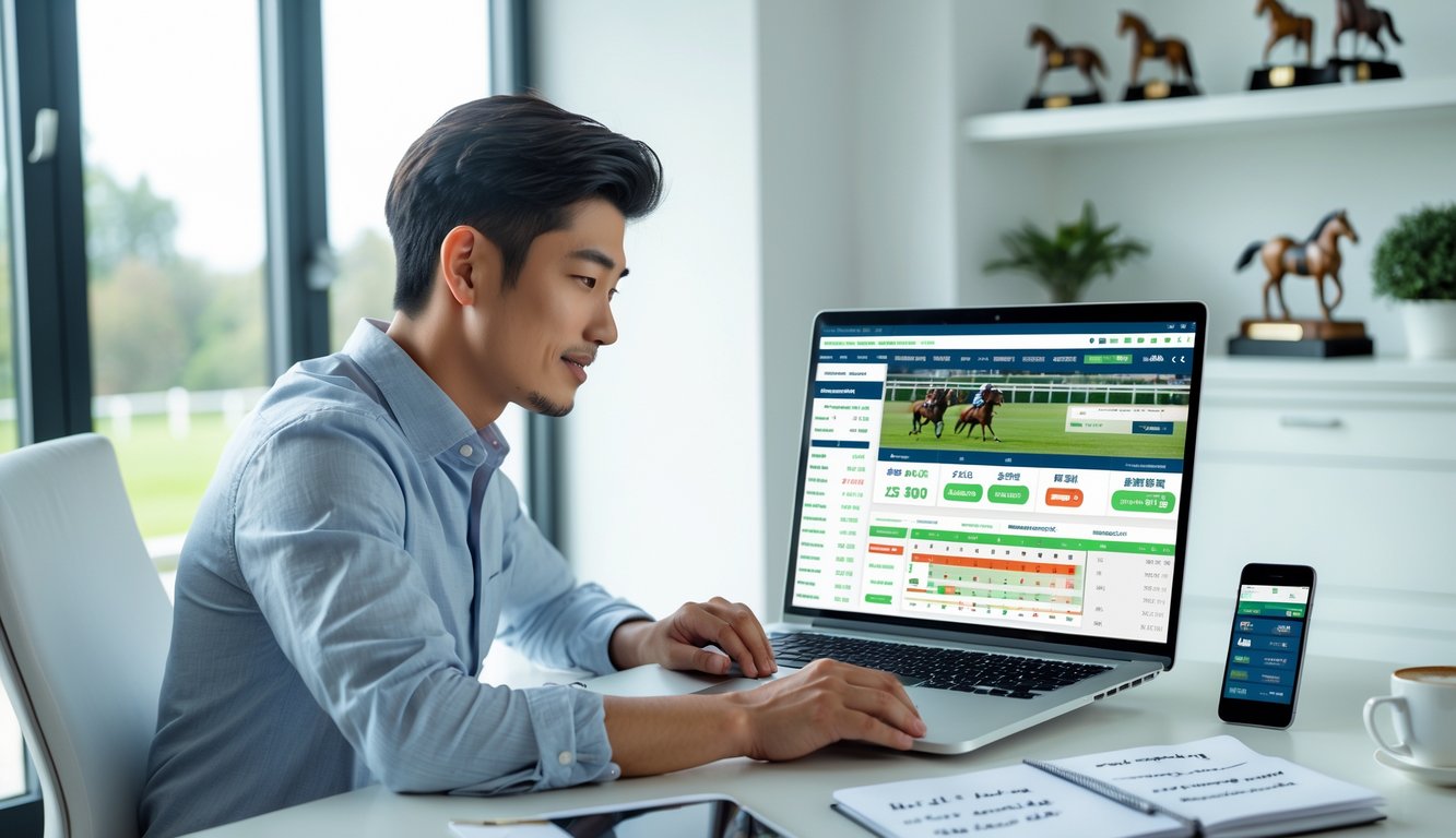 Seorang pria muda sedang duduk di meja dengan laptop, fokus pada layar yang menampilkan situs judi kuda online, dengan latar belakang jendela besar dan dekorasi bertema kuda.