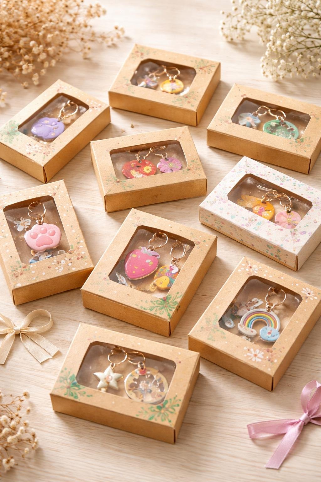 A collection of small kraft paper window boxes containing colorful keychains arranged on a wooden surface with decorative dried flowers and ribbons.