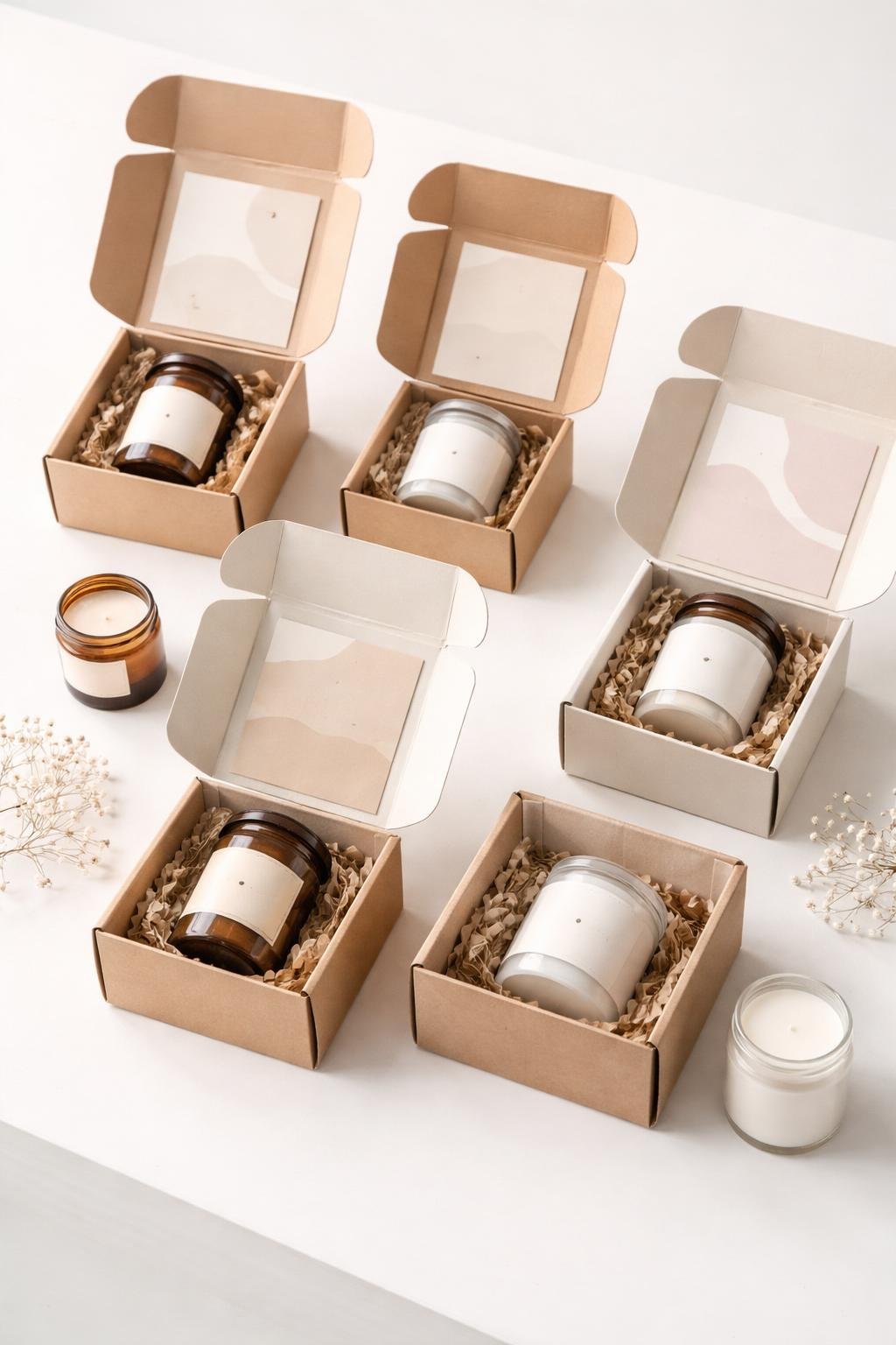 Several open mailer boxes with paper inserts and small candle jars arranged on a white surface.