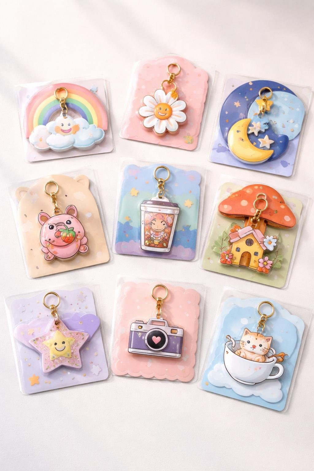 A collection of die-cut backing cards with clear poly sleeves holding various cute keychains arranged on a light surface.