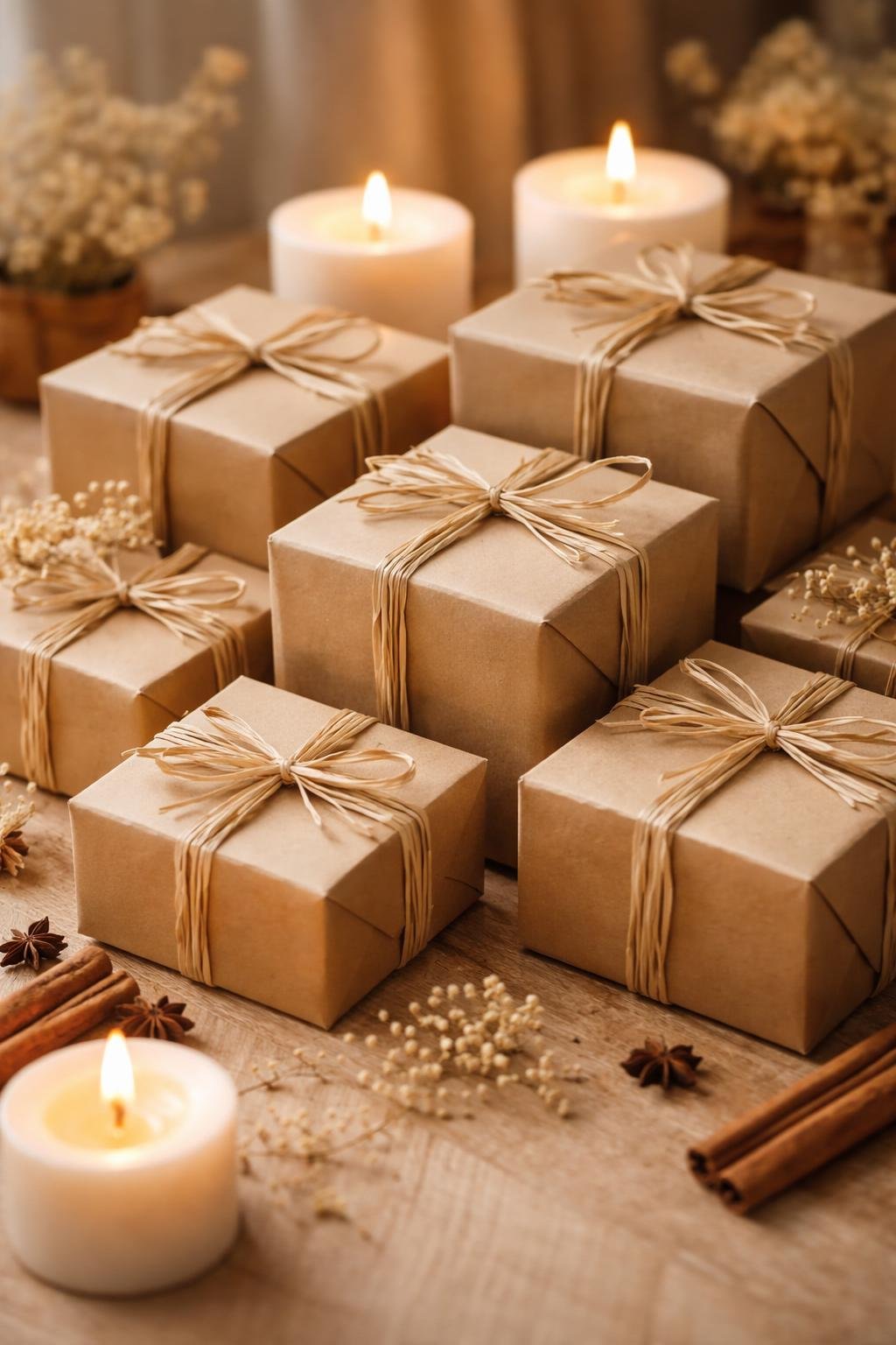 Several kraft paper boxes tied with raffia twine arranged on a wooden surface with dried flowers and cinnamon sticks nearby.