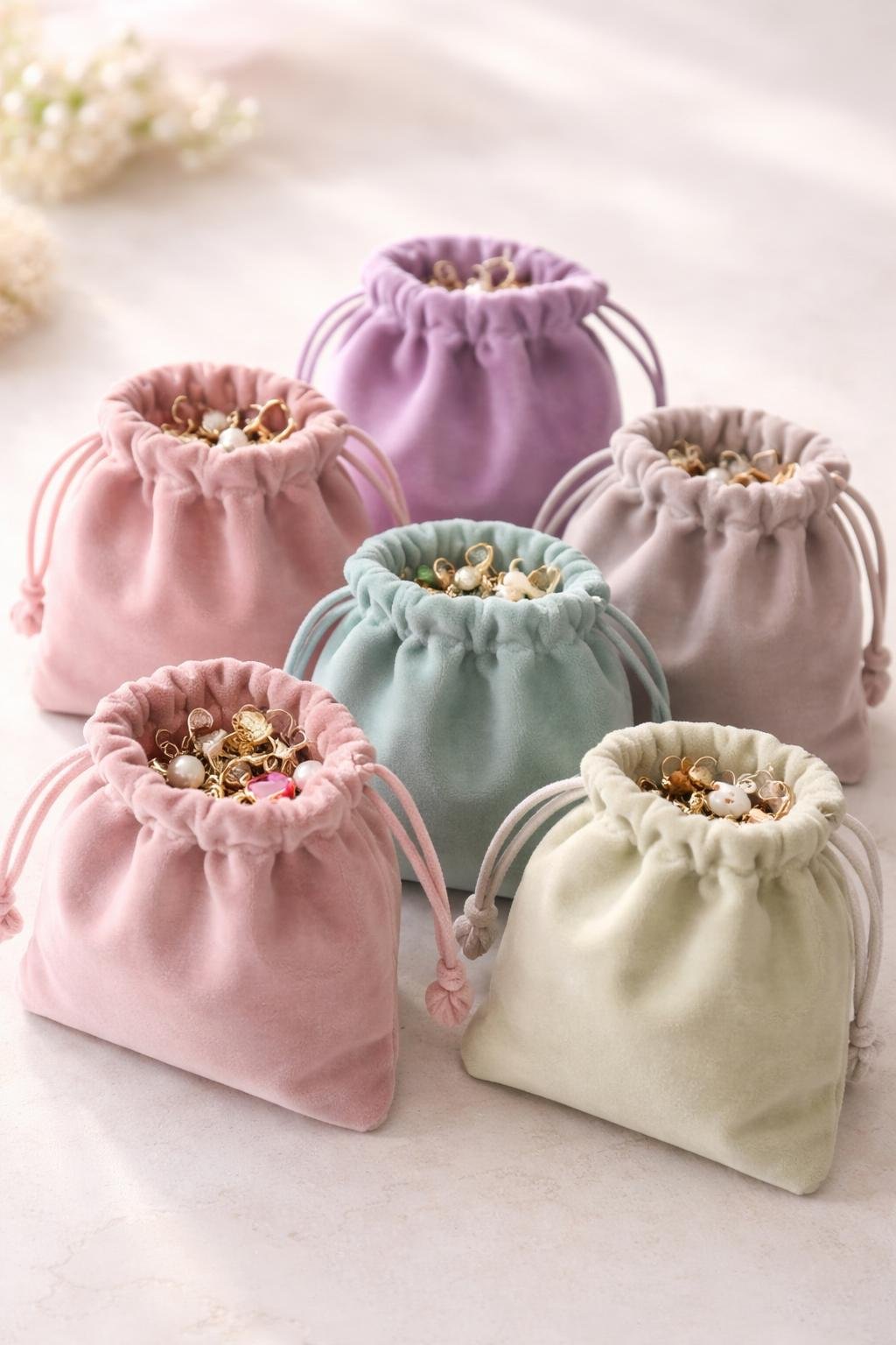 Several velvet drawstring pouches in pastel colors arranged on a surface, each containing small decorative keychains.