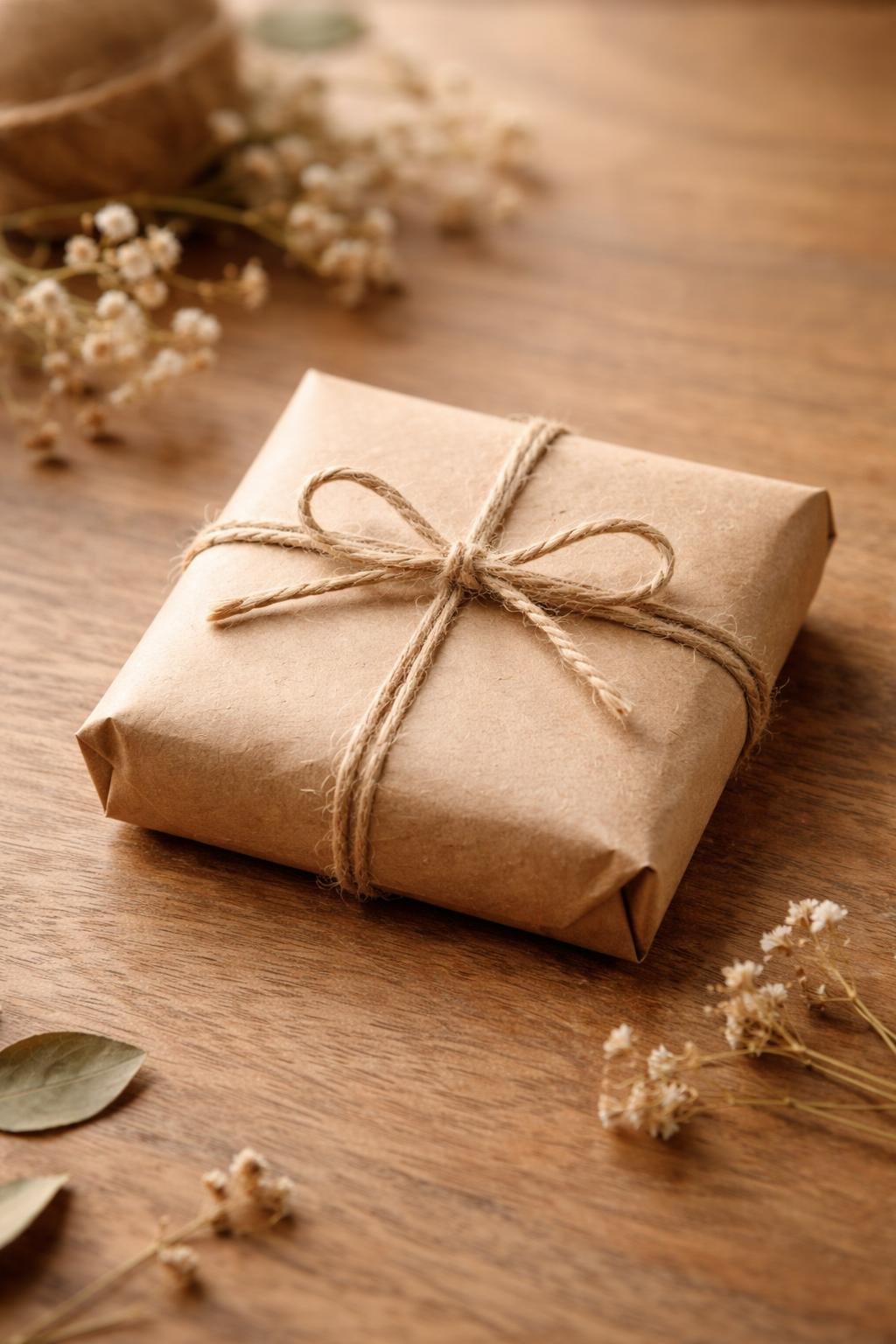 A bracelet wrapped in brown kraft paper and tied with baker's twine, placed on a wooden surface with dried flowers nearby.