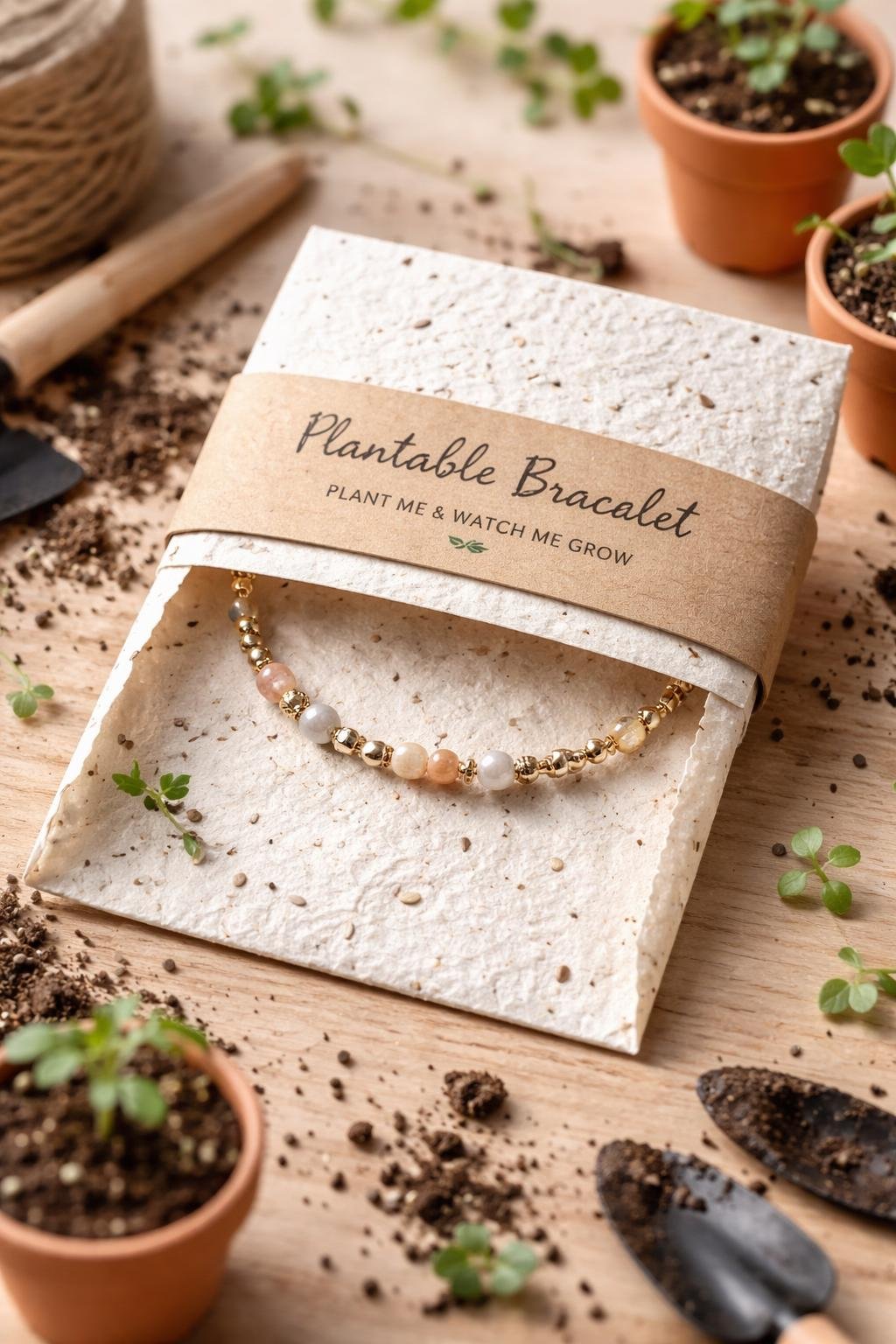 Close-up of a handmade bracelet wrapped in a seed paper sleeve surrounded by small plants and gardening tools on a wooden surface.