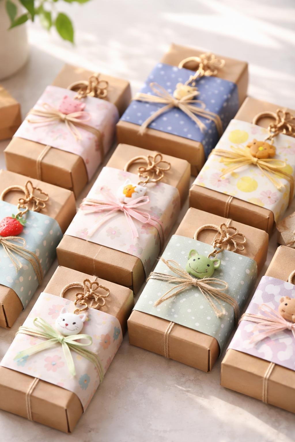 A collection of small gift boxes wrapped with colorful decorative paper sleeves, each containing a cute keychain inside, arranged neatly on a light surface.