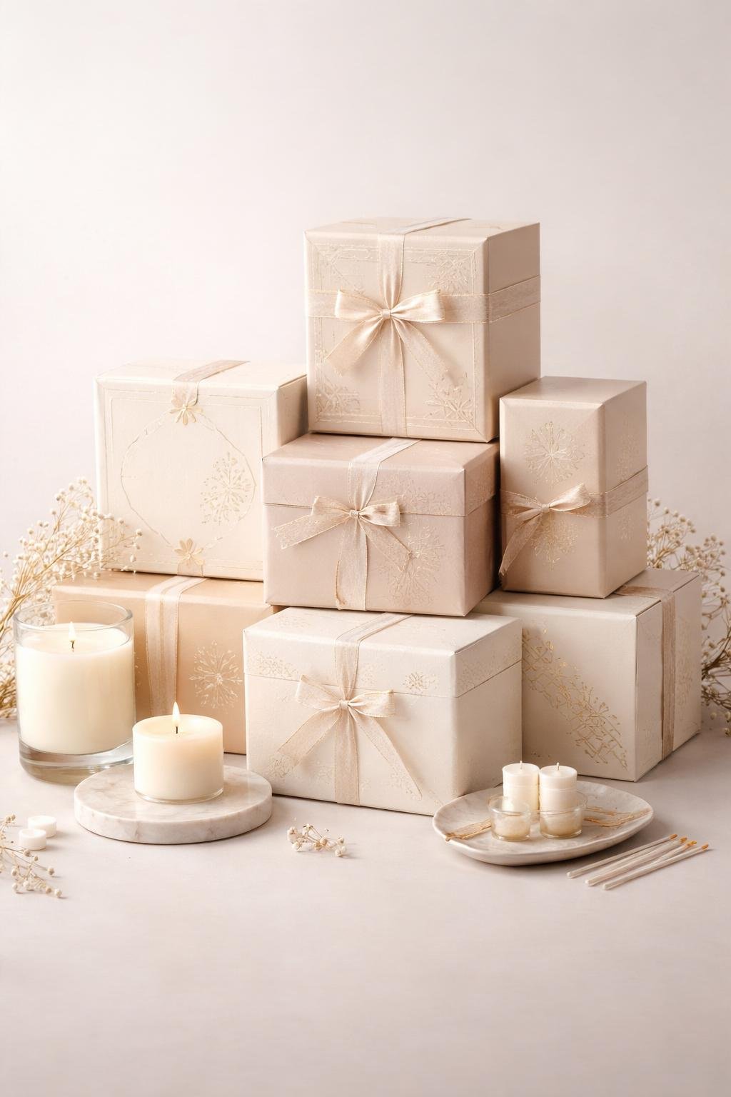 An arrangement of elegant gift boxes with gold foil accents and candle-related decorations on a neutral background.