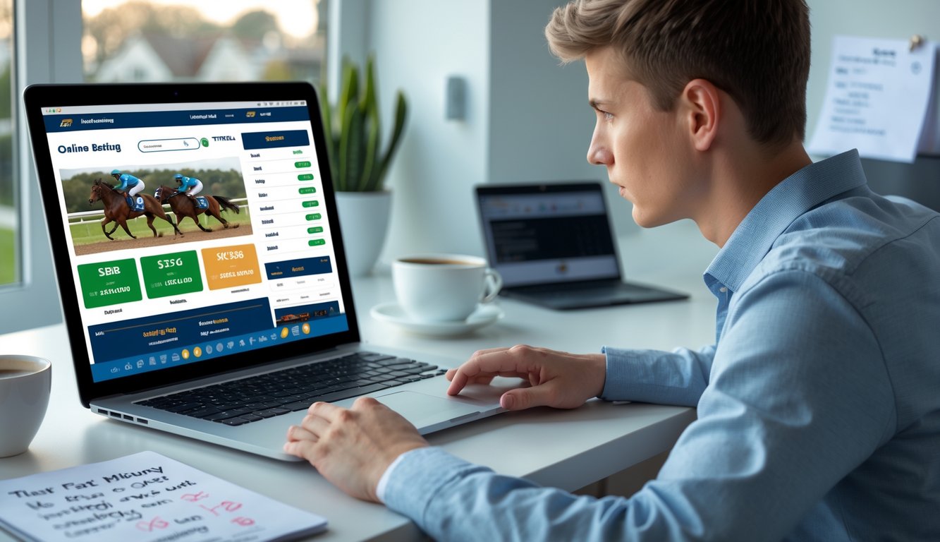 Seseorang duduk di meja dengan laptop yang menampilkan situs judi kuda online, dikelilingi oleh smartphone dan catatan, dalam ruangan kantor rumah yang rapi.