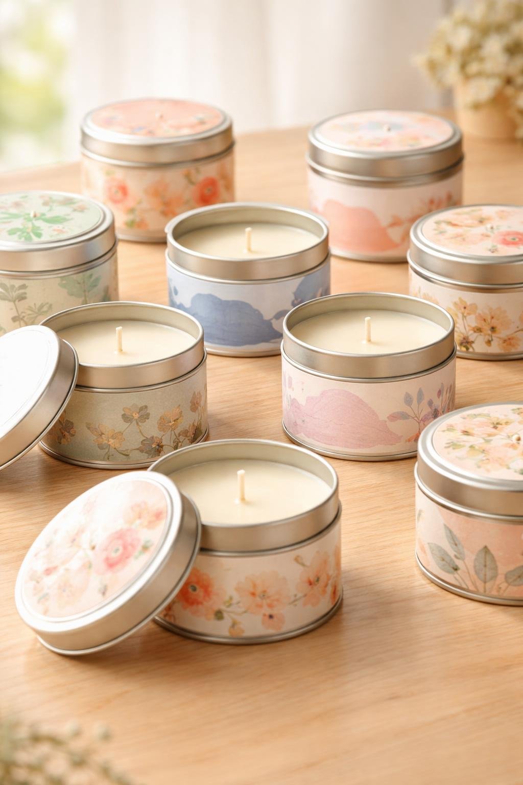 A collection of metal candle tins with colorful custom labels arranged on a wooden surface, some with lids open showing white wax inside.