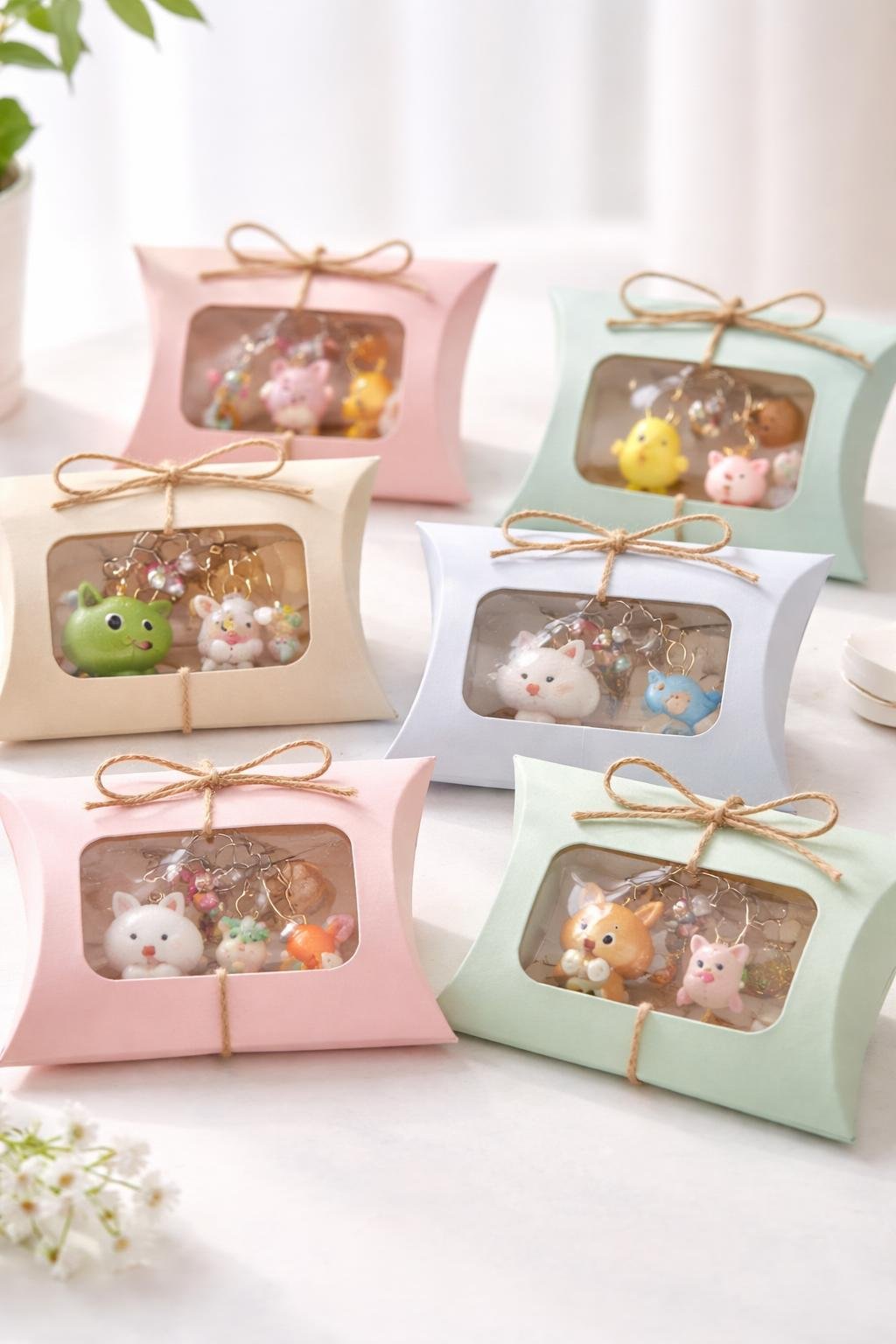 A collection of pastel-colored windowed paperboard pillow boxes displaying various cute keychains inside on a light surface.