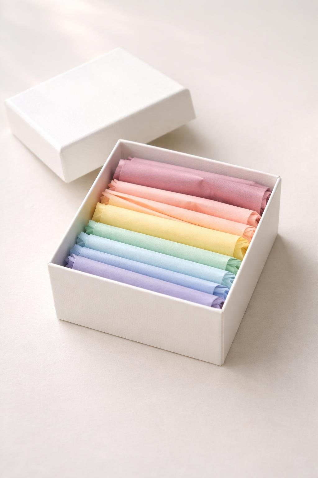 A small open gift box with neatly arranged colorful tissue paper inside.