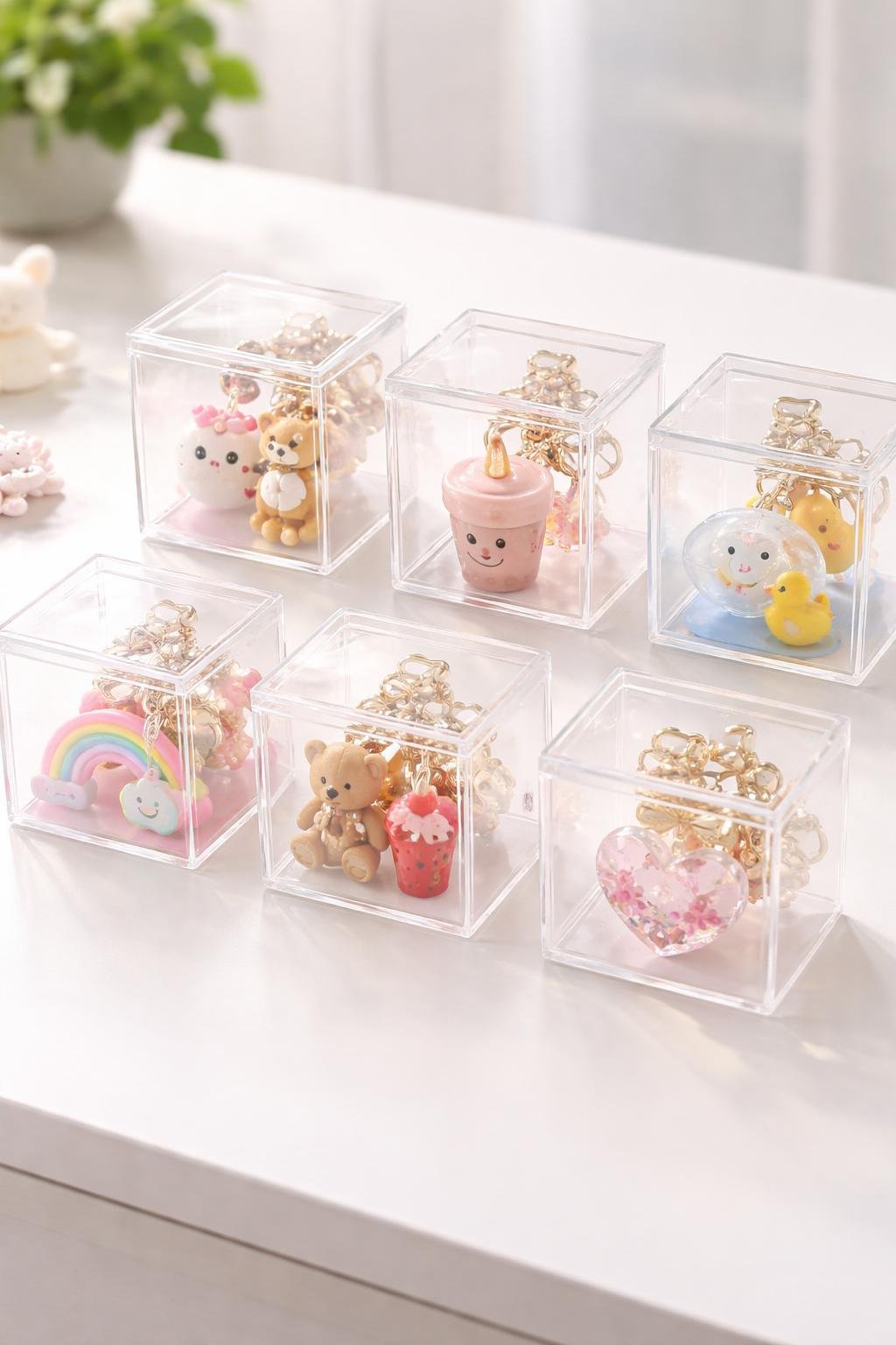 Clear acrylic display boxes containing various colorful and cute keychains arranged on a white surface.