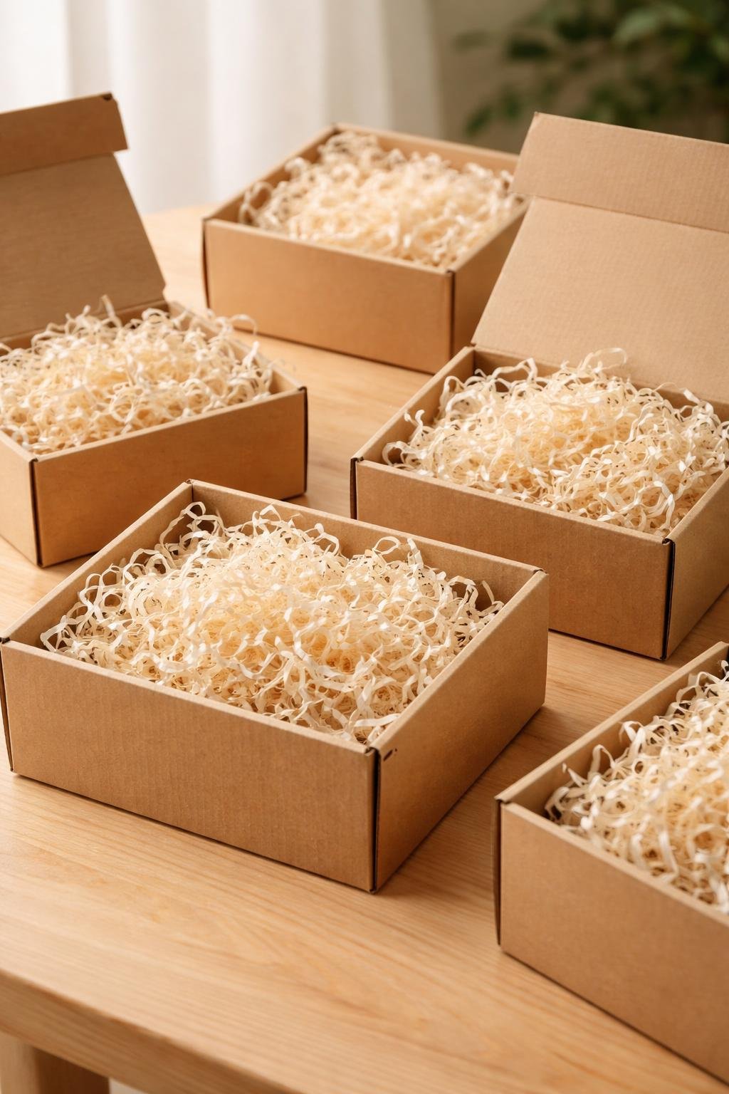 Recycled cardboard boxes filled with shredded paper placed on a wooden surface.