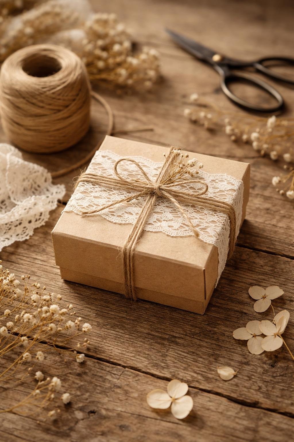 A small box wrapped with twine and lace on a wooden surface surrounded by crafting materials.