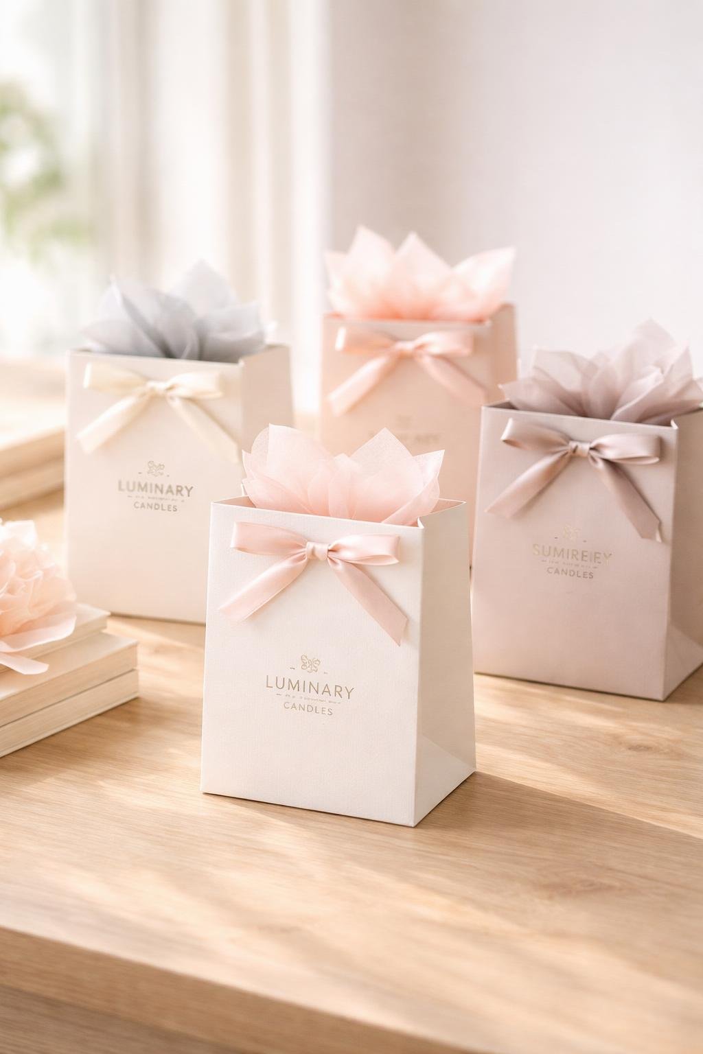 A group of branded candle bags with tissue paper and ribbons arranged on a wooden surface.