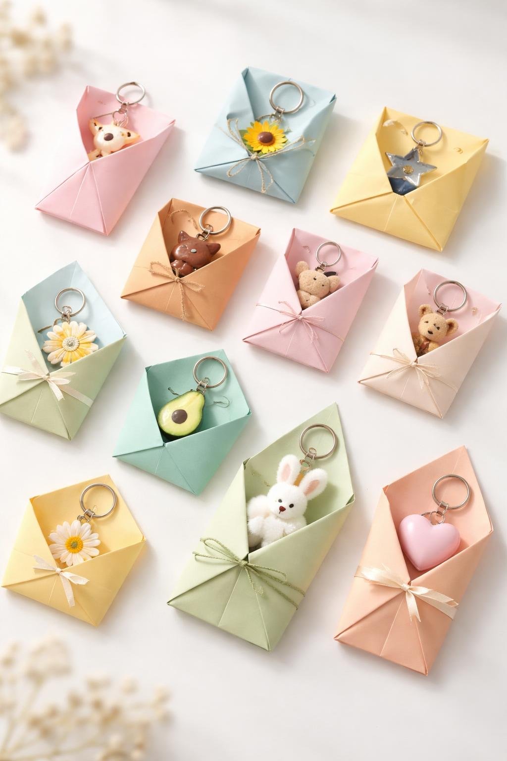 A collection of small keychains displayed inside various folded paper wraps arranged neatly on a clean surface.