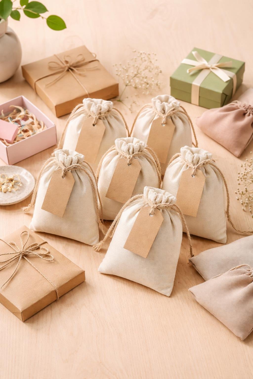 Reusable cotton muslin bags with hang tags arranged alongside various keychain packaging options on a wooden surface.