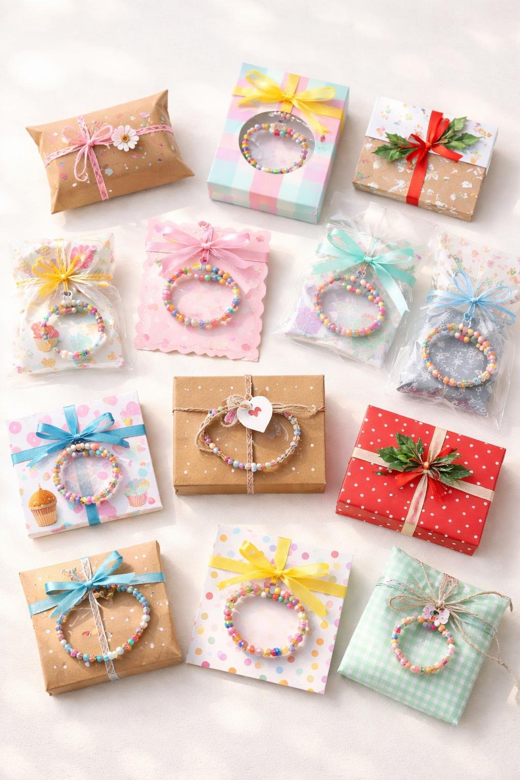 A collection of twelve colorful and festive DIY bracelet packaging designs arranged on a light surface, featuring various boxes, envelopes, and bags decorated with ribbons and holiday-themed patterns.