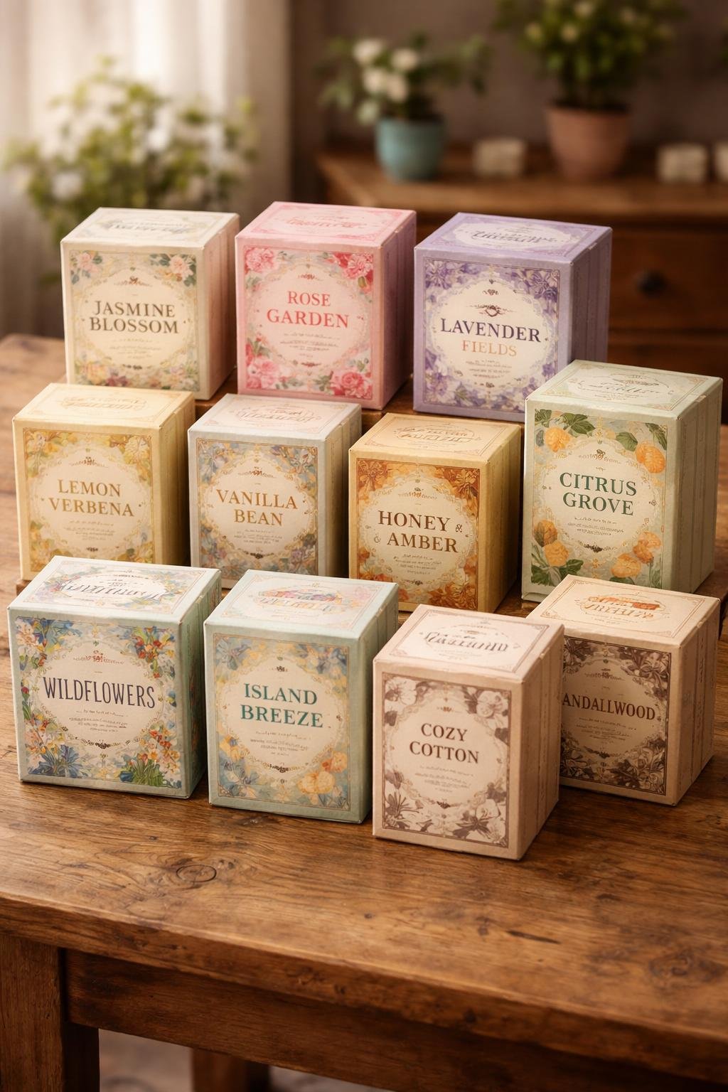 A collection of twelve candle boxes with vintage-inspired labels arranged on a wooden table.