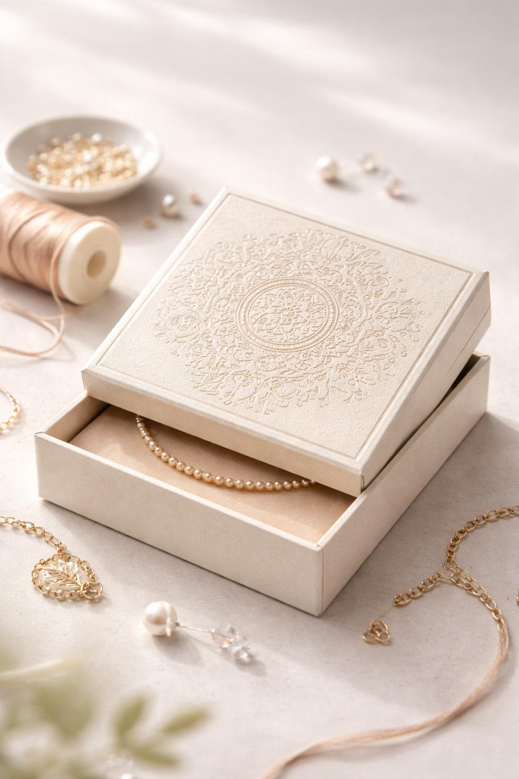 A close-up of a luxury embossed box lid designed for bracelet packaging, displayed with bracelet-making materials on a clean surface.