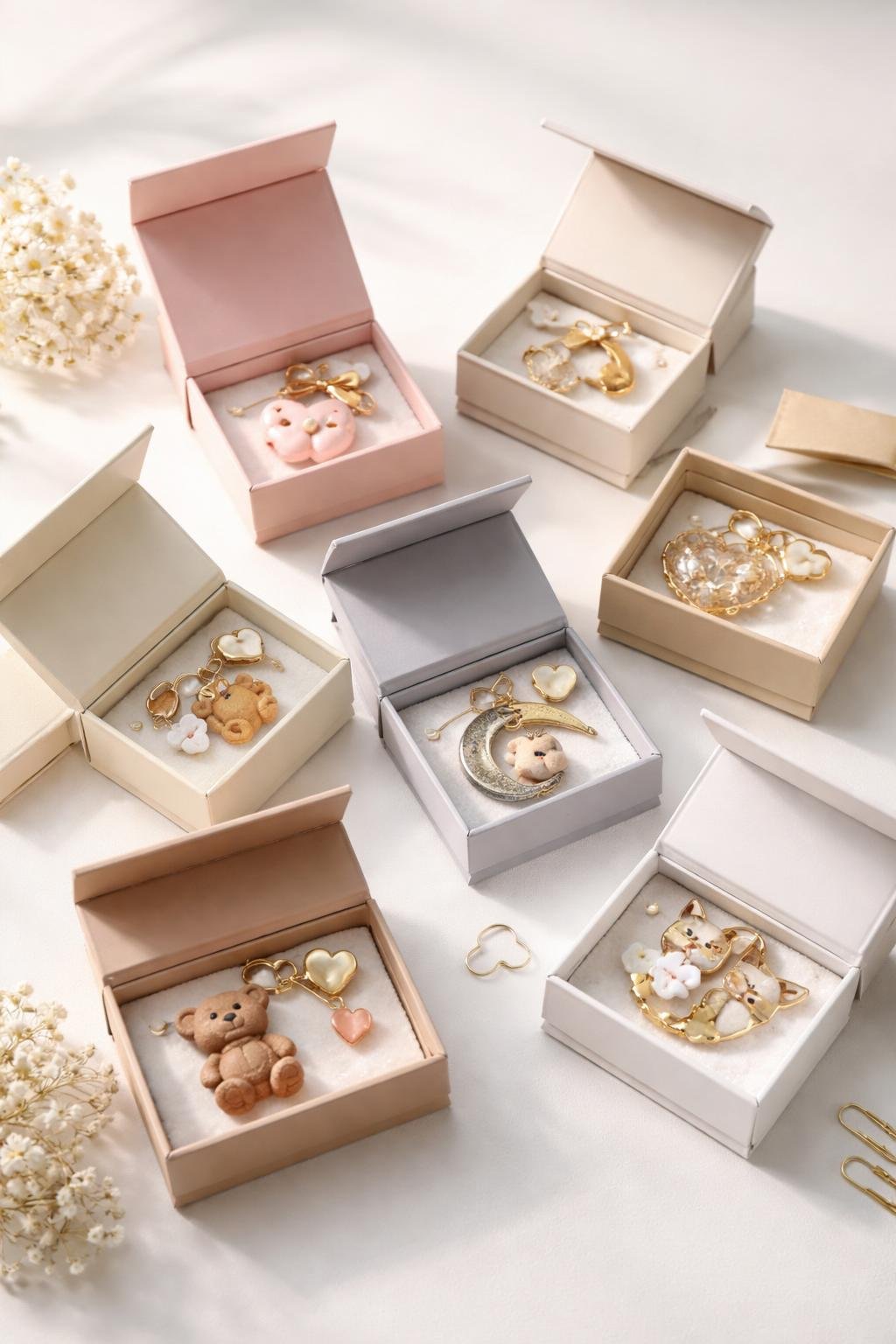 A collection of small magnetic closure boxes opened to display various cute keychains inside on a clean surface.