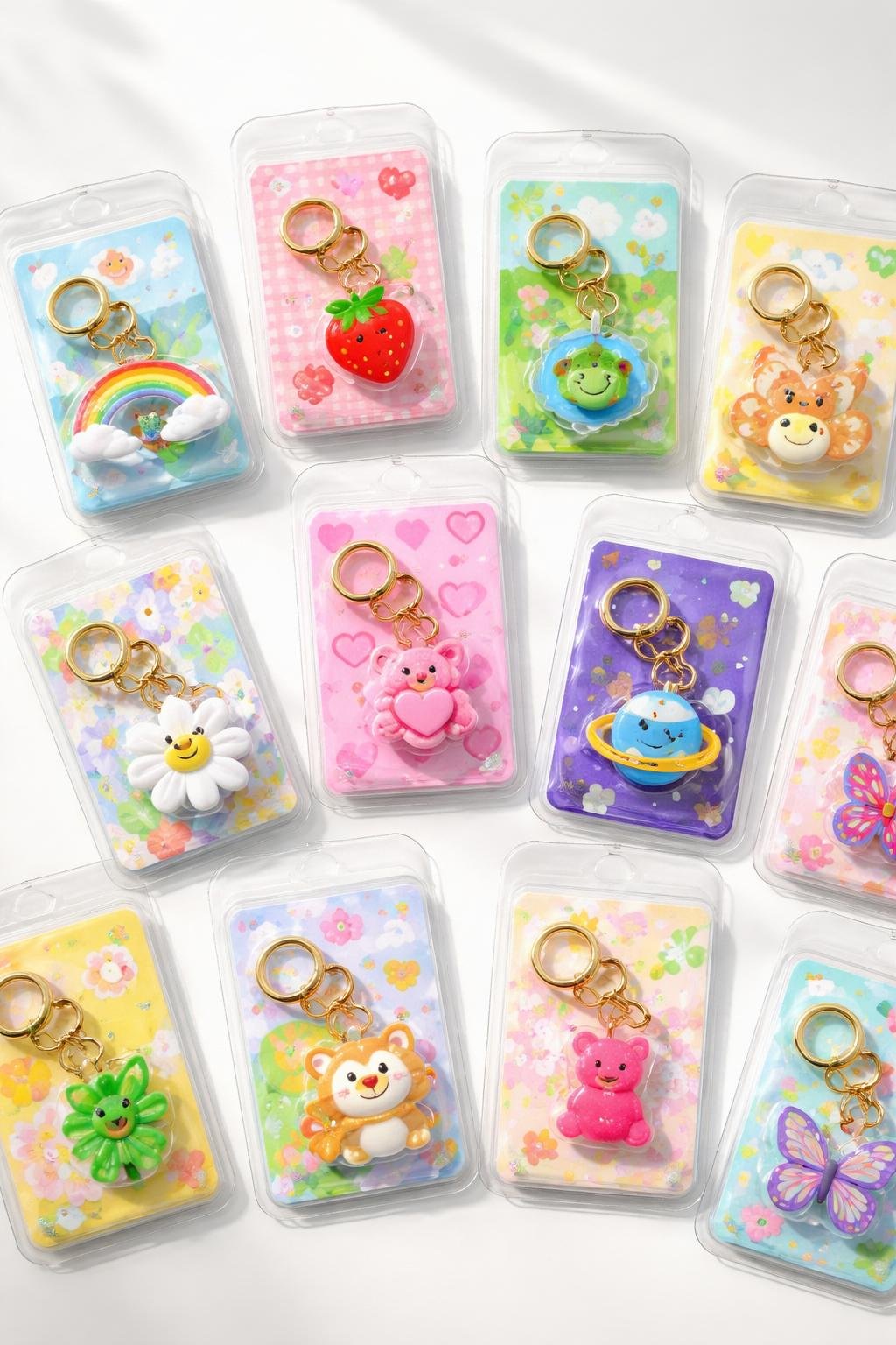 Several clamshell blister packs containing colorful keychains with cute printed inserts arranged on a white surface.