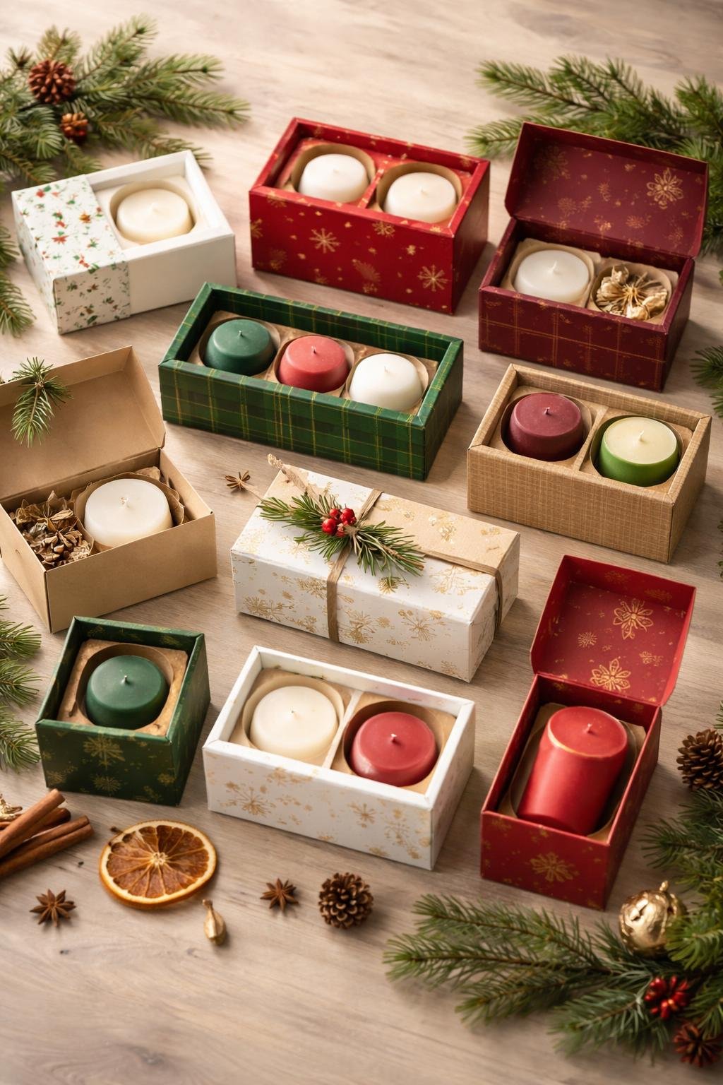 Twelve seasonal holiday candle boxes with custom inserts arranged on a wooden surface surrounded by festive decorations.