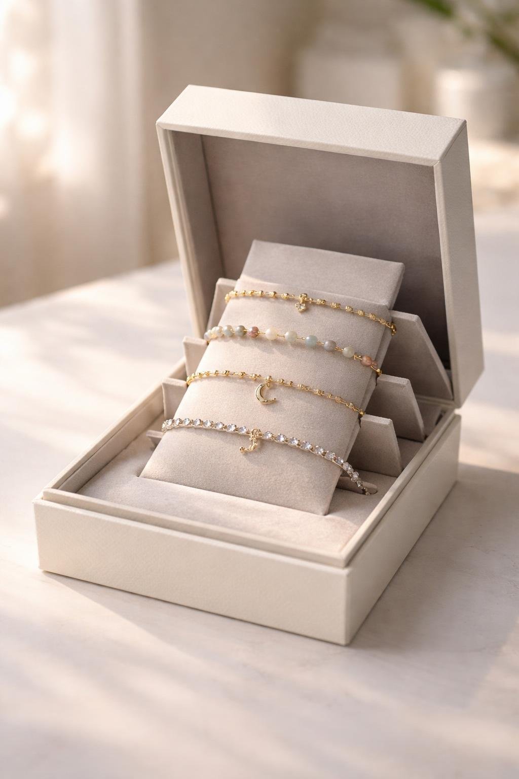 An open jewelry box with a pop-up insert displaying several bracelets inside.